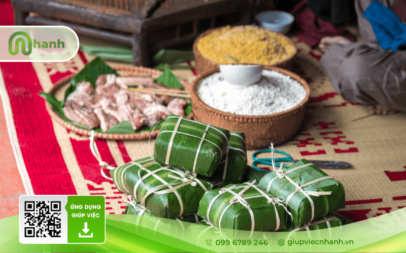Tổng hợp các món ăn ngày Tết truyền thống 3 miền Bắc - Trung - Nam với bánh chưng, bánh tét và thịt kho.