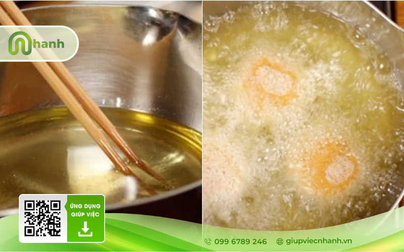 chiên bánh tiêu ngập dầu trong chảo